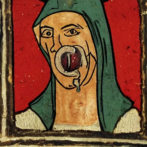 Prompt: medieval painting of tom scott choking on a vape