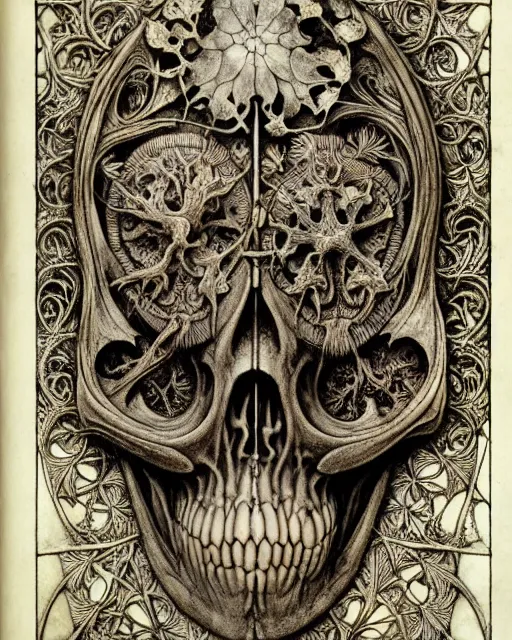 Image similar to memento mori by arthur rackham, art forms of nature by ernst haeckel, exquisitely detailed, art nouveau, gothic, ornately carved beautiful skull dominant, intricately carved antique bone, art nouveau botanicals, ornamental bone carvings, art forms of nature by ernst haeckel, horizontal symmetry, arthur rackham, ernst haeckel, symbolist, visionary