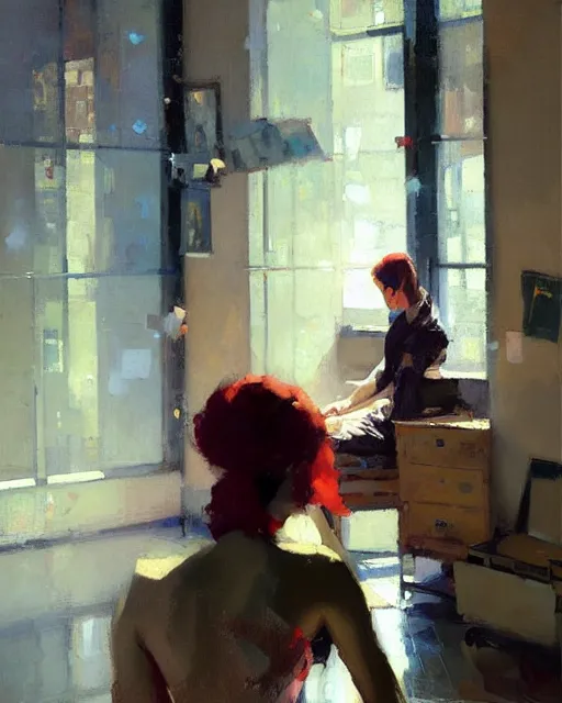 Prompt: school of life, indoor interesting room, ( impressionistic oil painting by malcom liepke ), alexi zaitsev, craig mullins, melinda matyas, tooth wu, wlop, denis sarazhin, bold brushstrokes, highly detailed, award winning, textured, masterpiece