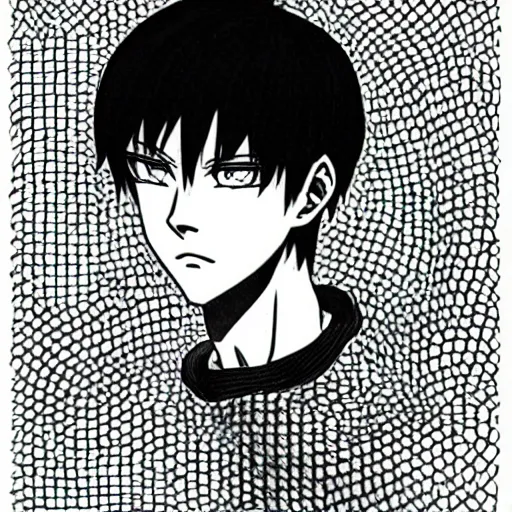 Image similar to A Manga Character with black spikey hair, Big Blue Eyes, by Junji Ito