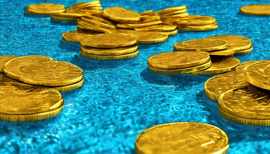 Image similar to a swimming pool full of gold coins, digital art, highly detailed, realistic, bright colors, 8 k