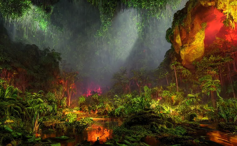 Image similar to a beautiful render of a dark prehistoric rainforest in a humongous cave, lush flora, patches of yellowish - red - magenta sky, sunset lighting, fireflies, floating mountains and a waterfall in the background, intricate detail, hazy, humid, volumetric lighting, god rays, 8 k, photorealistic, raytracing effects, unreal engine 5