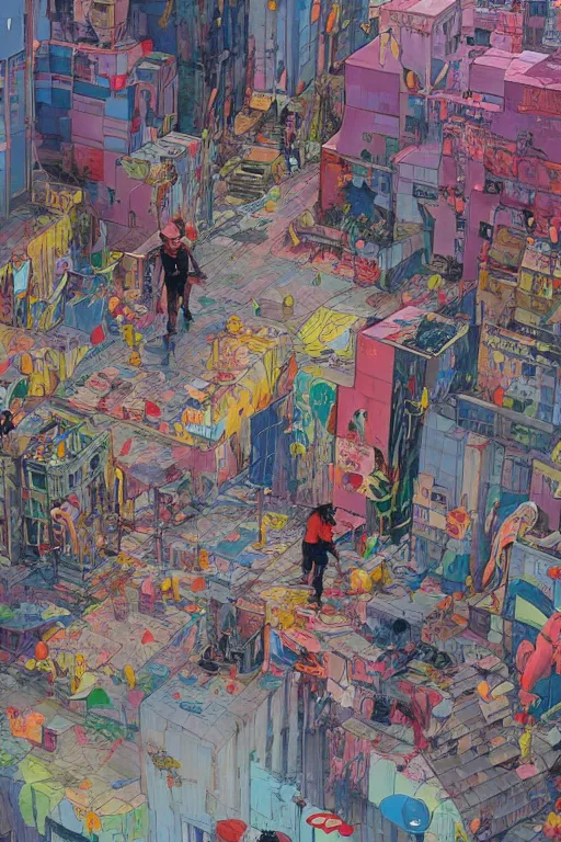 Image similar to people walking in a city covered with graffiti paint dripping down to the floor from the sky, professional illustration by james jean, painterly, yoshitaka Amano, hiroshi yoshida, moebius, loish, painterly, and artgerm, illustration