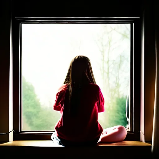 Image similar to teenage girl sitting at bedroom window staring down at her phone, a mushroom cloud outside lights the side of her face, intimate, dark, surreal photography