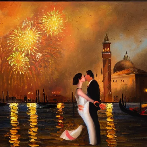 Prompt: an oil painting of couple kissing, in a background fireworks in venice