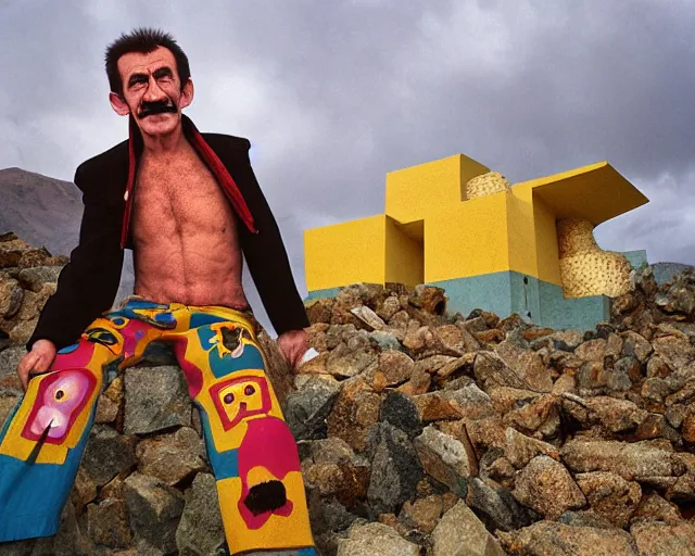 Image similar to Barry Chuckle as neo-Andean architecture by Freddy Mamani