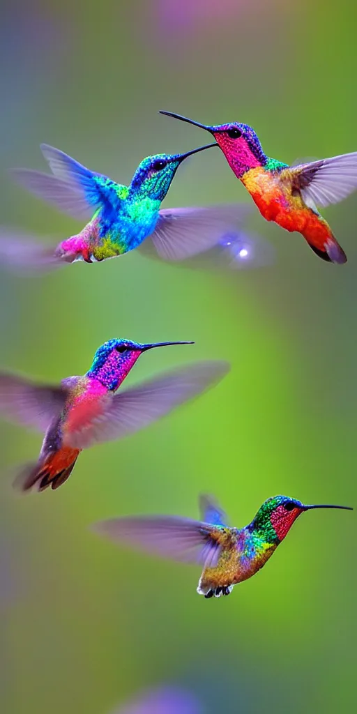 Image similar to luminescent hummingbirds, made of pure energy and intricate details, glowing, feeding on the nectar of the gods, macro lens, blur background