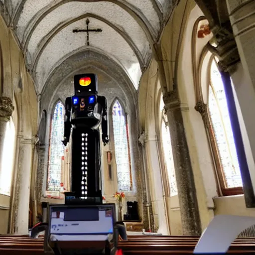 Prompt: Un robot prie dans une église en ruine