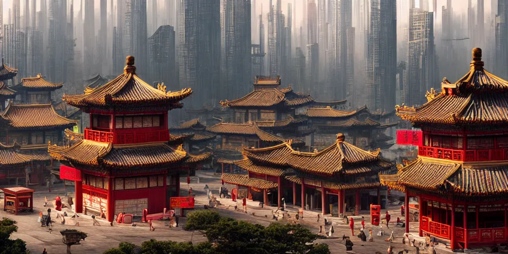 Image similar to a very high resolution image from a new movie, upside - down old chinese pavilion and cyberpunk city, beautiful scenery, photorealistic, photography, directed by wes anderson