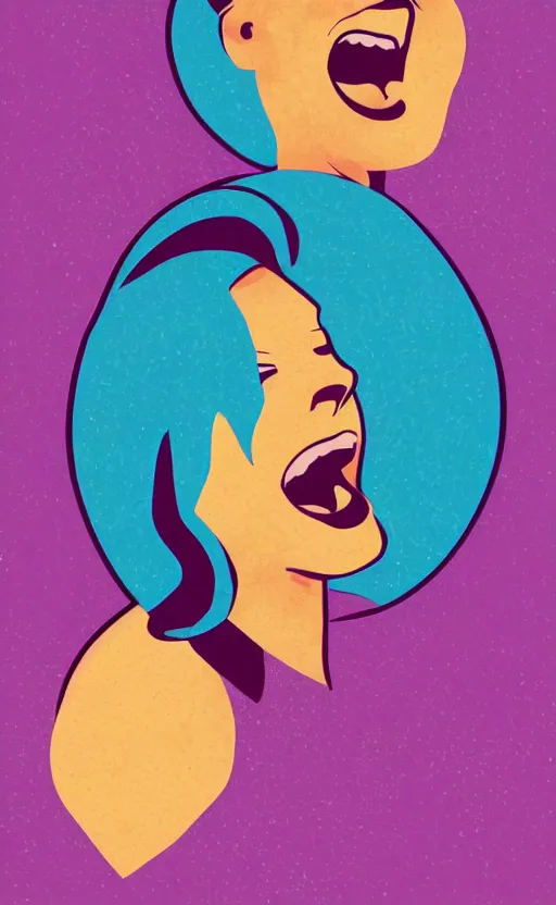 Image similar to illustration with a woman laughing out loud with open mouth, standup, comedy, joke, funny meme photo, trending on behance, art deco, digital illustration, storybook illustration, grainy texture, flat shading, vector art, airbrush, pastel, watercolor, poster