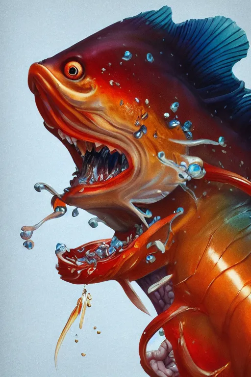 Image similar to a portrait of a japanese devil gold fish illustrated by miyazaki by karol bak, james jean, tom bagshaw, rococo, sharp focus, trending on artstation, cinematic lighting, hyper realism, octane render, 8 k, hyper detailed, vivid, ultra detailed, highly detailed