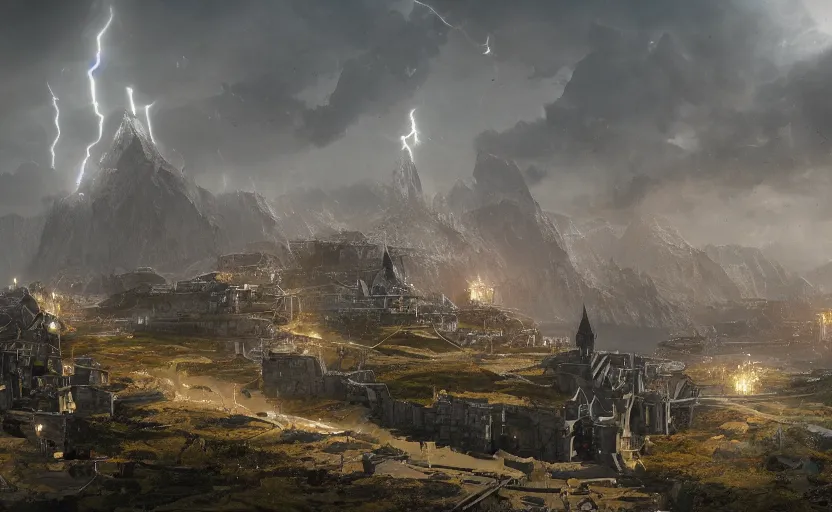 Image similar to a city like minas tirith built with black obsidian stones near a lake, matte painting by greg rutkowski and craig mullins, trending on artstation, digital art, cinematic lightning,