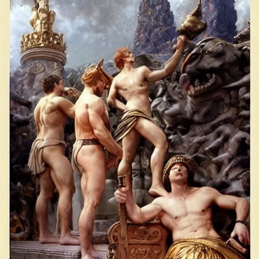 Image similar to hercules gives achilles the side - eye while they wait in line to worship at zeus's feet, throne of olympus, heavenly marble, gods and goddesses in elegant clothes, painting by gaston bussiere, craig mullins, j. c. leyendecker, tom of finland