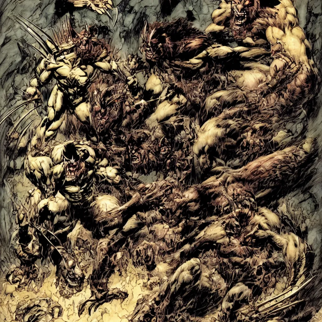 Image similar to Wolverine vs. Wendigo by Frank Frazetta, P. Craig Russell, Michael Kaluta and Simon Bisley, fantasy, crisp lighting and edges, dark ambience, malevolent expression, determination, fear, rage, accurate symmetrical facial details, extremely accurate facial features