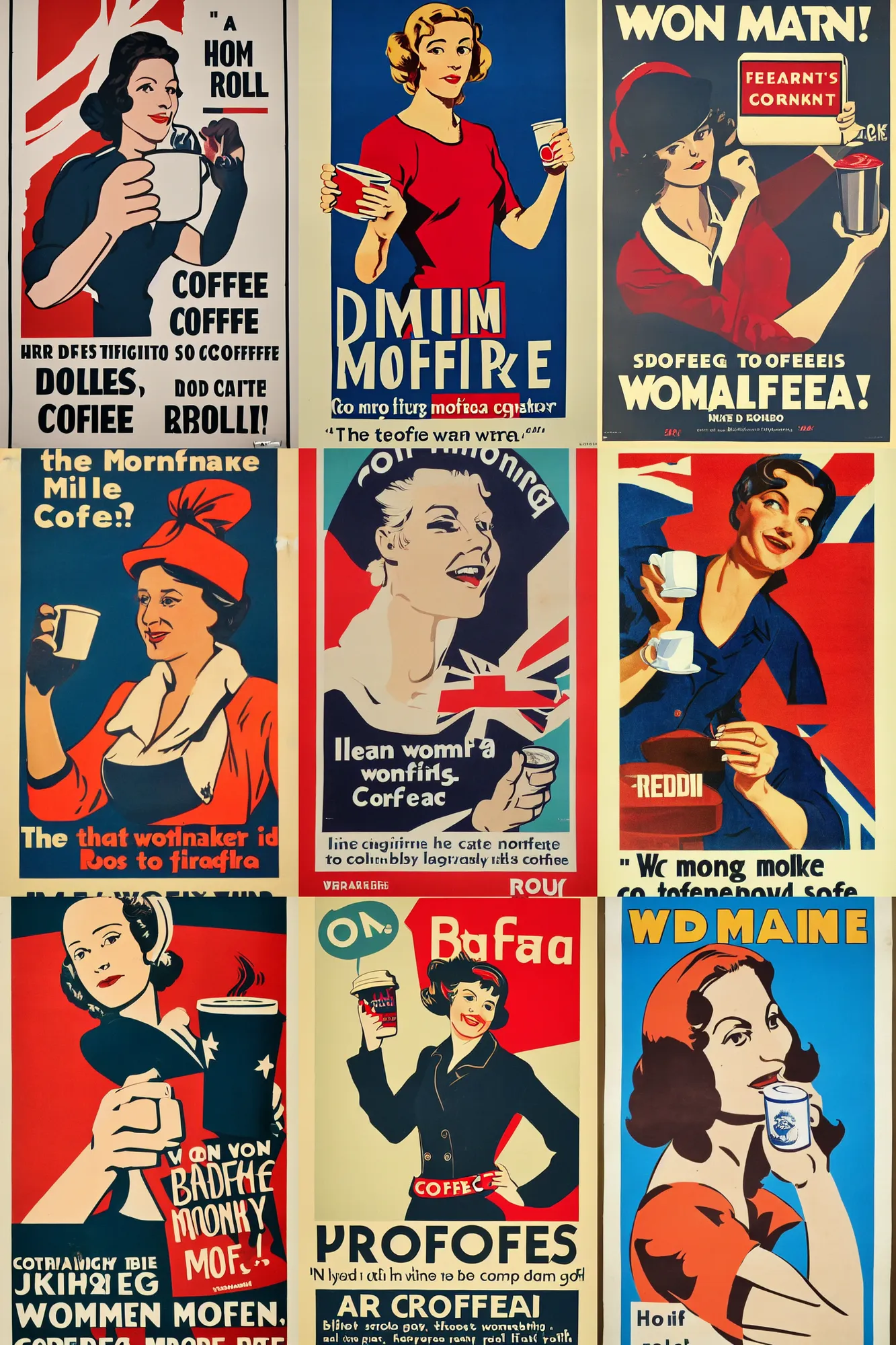 Prompt: british propaganda poster, woman, drink more coffee, roll sleeves up