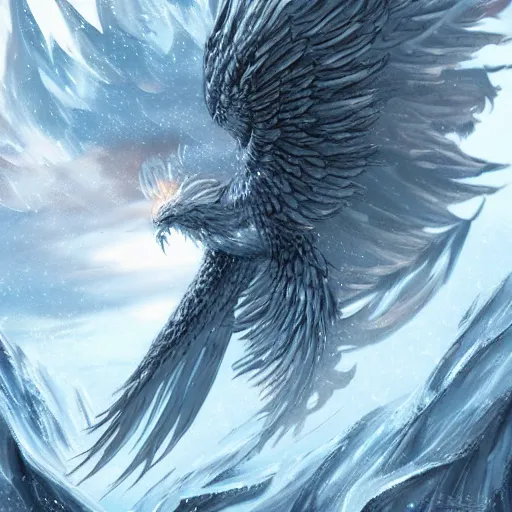 Image similar to Majestic Frost Phoenix in a snowy landscape, magic, epic, fantasy, artstation