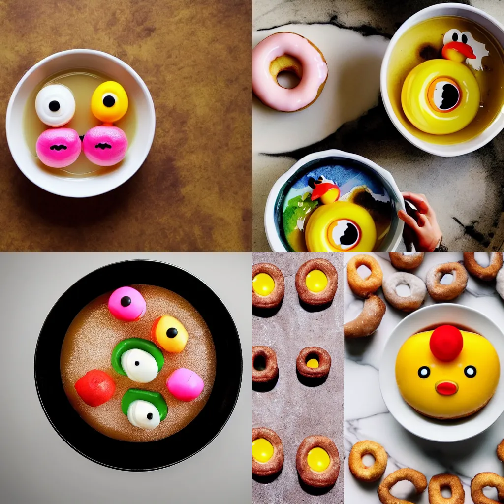 Prompt: a delectable bowl of rubber duckie and donut and eyeball soup, food photography, trending on instagram, bon appetit, epicurious