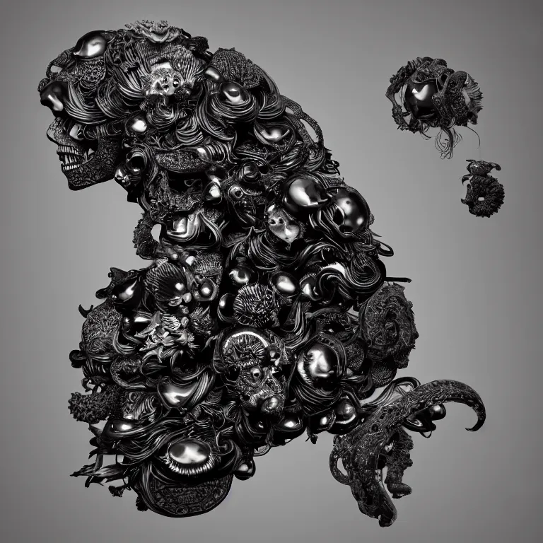 Image similar to black background. absolutely symmetrical sculpture. centered. goddess princess face close-up portrait ram skull. sculpture made of gold and black charcoal. jellyfish phoenix head, nautilus, orchid, skull, betta fish, bioluminiscent creatures, intricate artwork by Tooth Wu and wlop and beeple. octane render, trending on artstation, greg rutkowski very coherent symmetrical artwork. cinematic, hyper realism, high detail, octane render, 8k