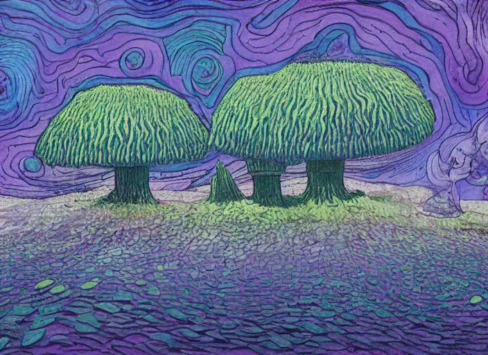 Image similar to detailed painting of a fungal house made of a giant purple mushroom, mystical dark purple landscape at night, dark purple sky, blue bioluminescent life, in the style of moebius and studio ghibli and vincent van gogh and claude monet