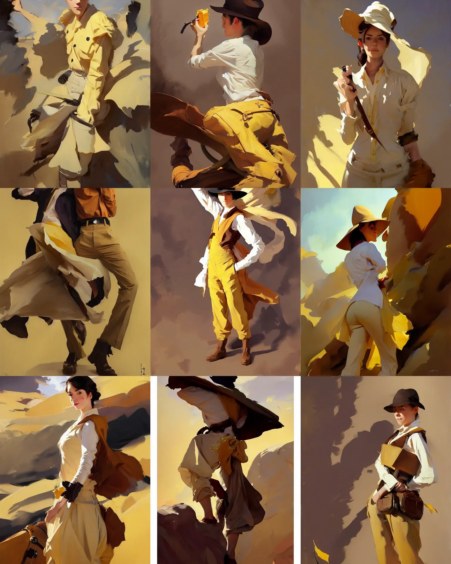 Prompt: white brown deep yellow cloth fabric jodhpurs greg manchess painting by sargent and leyendecker, studio ghibli, fantasy, medium shot, asymmetrical, intricate, elegant, matte painting, illustration, hearthstone, by rhads by greg rutkowski, by greg tocchini, by james gilleard, by joe fenton