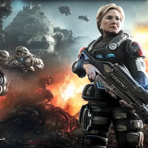 Image similar to hillary clinton in gears of war, splash art, movie still, cinematic lighting, dramatic, octane render, long lens, shallow depth of field, bokeh, anamorphic lens flare, 8 k, hyper detailed, 3 5 mm film grain