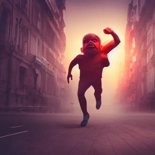 Image similar to people running away scared from a giant with bitcoin head, cinematic, sci-fi art, hyper-realistic, 8k