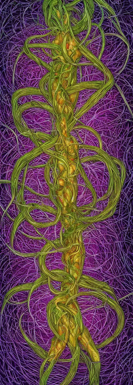 Image similar to a person trapped in the fetal position inside of extremely thick iridescent vines intertwined, central circular composition, high saturation, epic lighting, in the style of Peter gric and Amanda Sage 8k