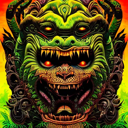 Image similar to barong family member, wiwek, mara demon, one single tribe member, jungle, one single mask, dark, ancient warrior, gorilla, lizard, tribal, inner glow, art by dan mumford and justin gerard