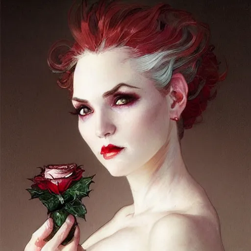 Image similar to portrait of a menacing beautiful vampire, top half of body, by Stanley Artgerm Lau , greg rutkowski, thomas kindkade, alphonse mucha, loish, norman rockwell, J. C. Leyendecker. bright white hair, pale skin, angry complexion, beautiful detailed eyes, black rose frame. D&D, fantasy. Trending on artstation rule of thirds extremely detailed old illustration hd 4k