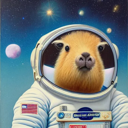 Prompt: beautiful detailed and adorable portrait of a capybara astronaut in a spacesuit by casey weldon by mark ryden by thomas blackshear, super cute, new contemporary, pop surrealism, oil painting