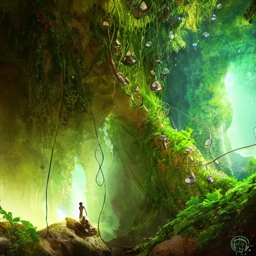 Image similar to looking into lush cave with glowing emeralds and vines hanging from the ceiling, sharp focus, cinematic light, artgerm, cgsociety, highly detailed