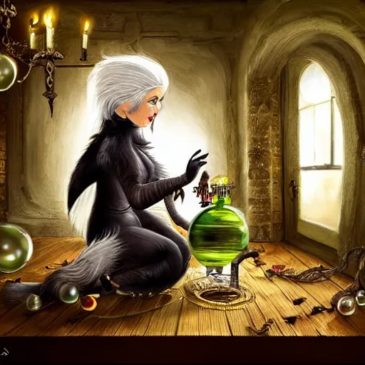 Image similar to a full body beautifull witch with white hair in an old room. A cristal ball on a wood table with a potions and old instruments. A cat on the floor licking his paw. in a fantasy style paiting