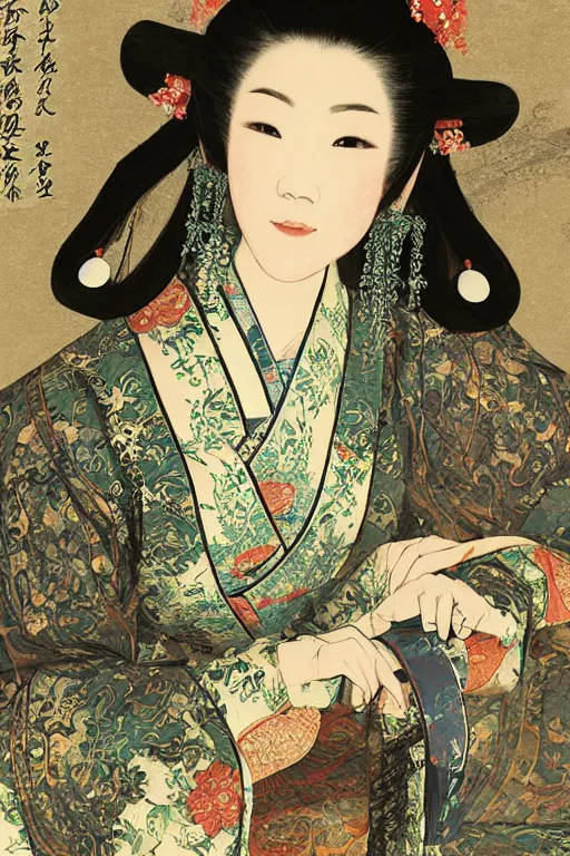 Image similar to tang dynasty songstress by akihiko yoshida and john constable