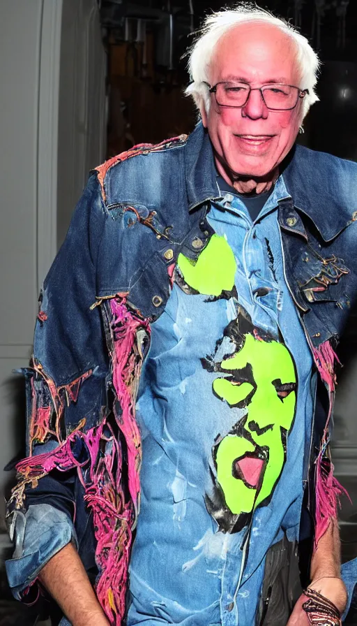 Prompt: Famous heavy metal glam rocker Bernie Sanders with a neon mohawk, ripped denim jacket and lots of jewelry