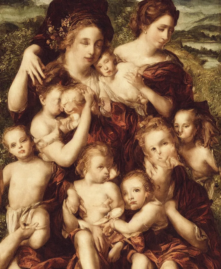 Image similar to Detailed close up Portrait of beautiful Madonna with two children playing in the style of Raffael. They are sitting in a dried out meadow. In the background, there is a lake with a town and mountains.