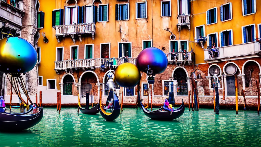 Image similar to large colorful futuristic space age metallic steampunk steam - powered balloons with pipework and electrical wiring around the outside, and people on rope swings underneath, flying high over the beautiful medieval venice city landscape, professional photography, 8 0 mm telephoto lens, realistic, detailed, photorealistic, photojournalism