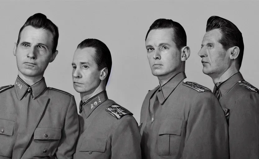 Image similar to 50s movie still close-up portrait of three individual elder soviet generals with very diverses faces in a stalinist style hall, by Irving Penn, Cinestill 800t 50mm black and white, heavy grainy picture, very detailed, high quality, 4k, HD criterion, precise texture, facial precision, diverse haircuts, diverse ages, each faces precisely define