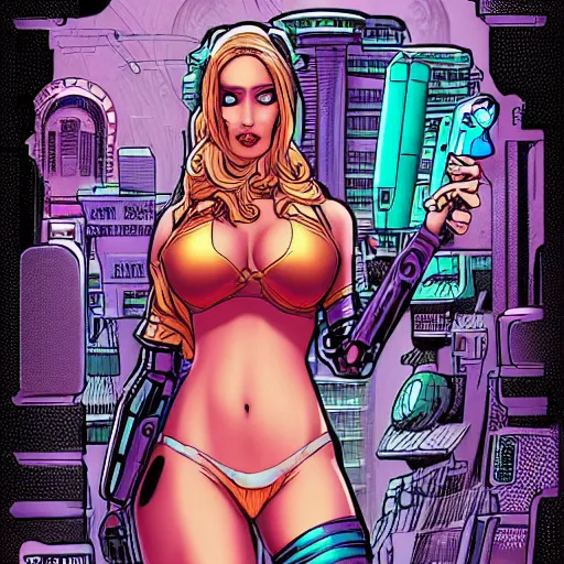 Prompt: precisely drawn illustration of the goddess aphrodite as a cyberpunk android, wide angle, sharp, fine details, french comic style, vibrant realistic colors, full color, heroic fantasy, intense line art, 8 k, precise linework, realistic, in the style of heavy metal comics and richard corben and moebius