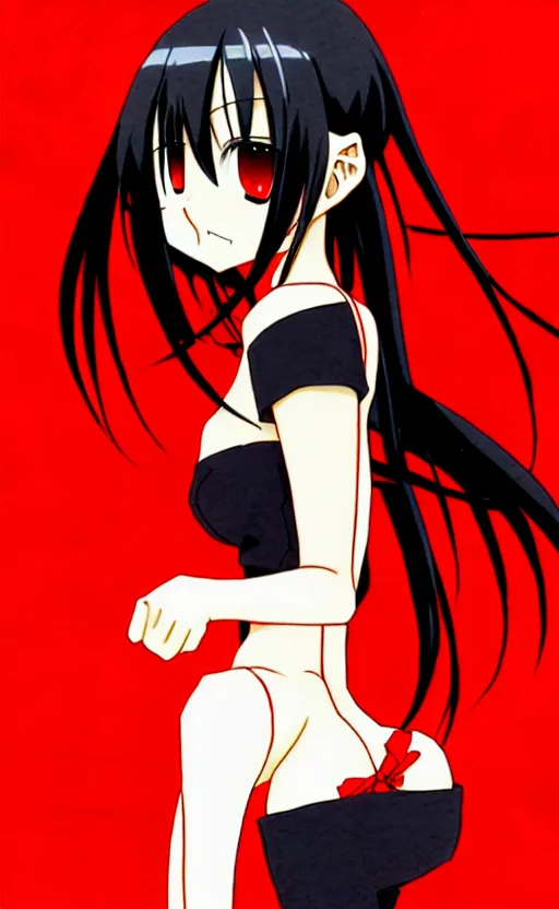 Image similar to anime girl with a detailed face and black hair in a red outfit under an empty space, full body, trending, illustration, by hiroyuki imaishi