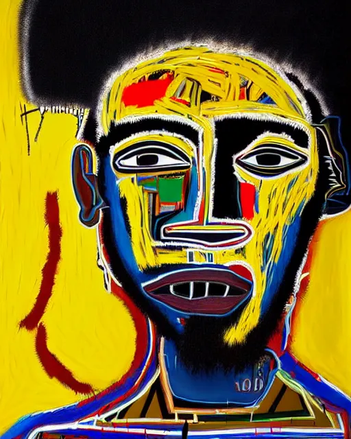 Prompt: A extremely ultra highly detailed majestic hi-res beautiful immaculate head and shoulders award winning painting stunning masterpiece of the face of a ultra highly detailed strong black African man portrait by Jean-Michel Basquiat, 8k, high textures, ultra hyper sharp, insanely detailed and intricate, super detailed, 8k HDR ultra high quality, high detail, hyperrealist, photorealistic, octane render, cinematic, high textures, hyper sharp, 4k insanely detailed and intricate, surrealism, surrealist, real life, lifelike, 8k, hyper realistic, super detailed, realistic, 4k HDR hyper realistic high