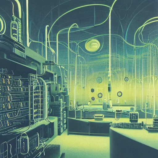 Prompt: an immaculate alfred render of the nexus between a vast modern computing center and an alchemist\'s lab with exposed circuit boards, nixie tubes, tesla coils and lichtenberg figures by Zdzisław Beksiński and beeple, beautiful modern colors, ultradetailed, 4k ultra