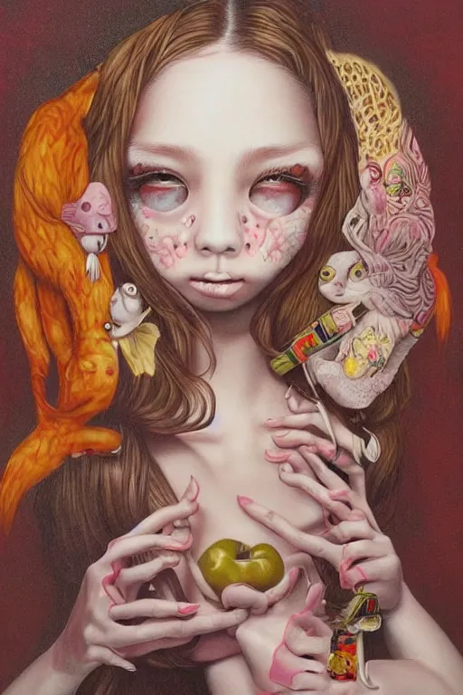 Image similar to pop surrealism, lowbrow art, realistic cute girl painting, japanese cute fashion, hyper realism, muted colors, trevor brown style