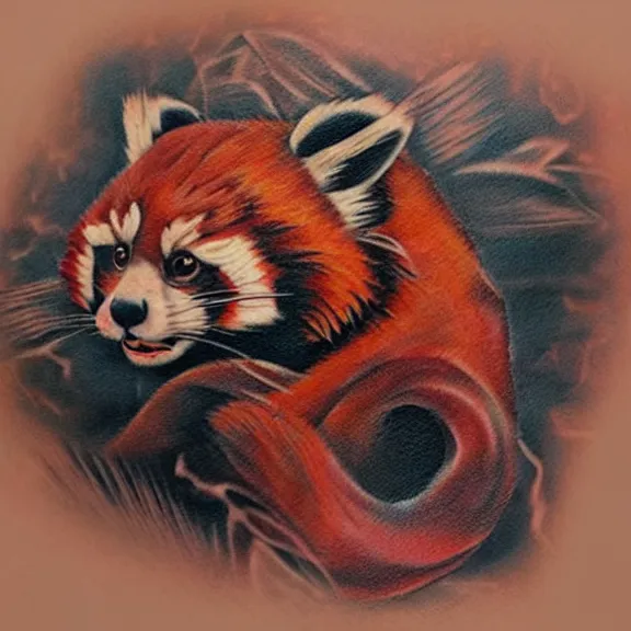 Image similar to “neotraditional tattoo of a red panda in xiaolin monk robes, digital art, tattoo art, highly detailed, hiperrealistic, photorealistic, 4k UHD, Zoltán Szente”