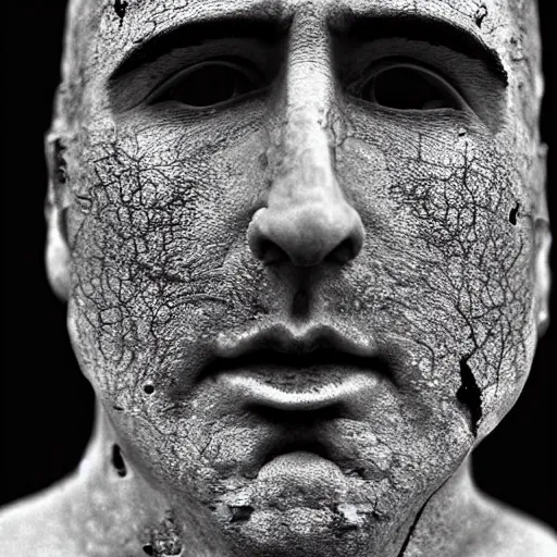 Image similar to Award-winning photograph by Chema Madoz. The photo depicts a decaying roman bust of Nicolas Cage at the bottom of the sea. Black and white, minimalism, high definition, perfect composition. Deep sea picture. Very dark. Volumetric lighting. Fisch.