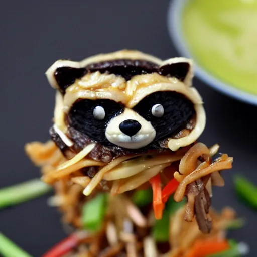 Prompt: Little raccoon crispy noodles