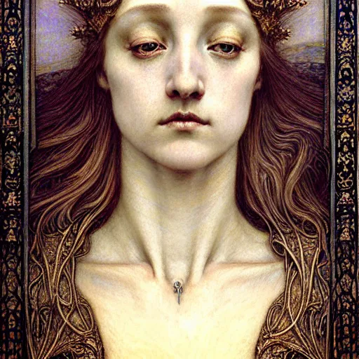 Image similar to detailed realistic beautiful young medieval queen face portrait by jean delville, gustave dore, iris van herpen and marco mazzoni, art nouveau, symbolist, visionary, gothic, pre - raphaelite, horizontal symmetry