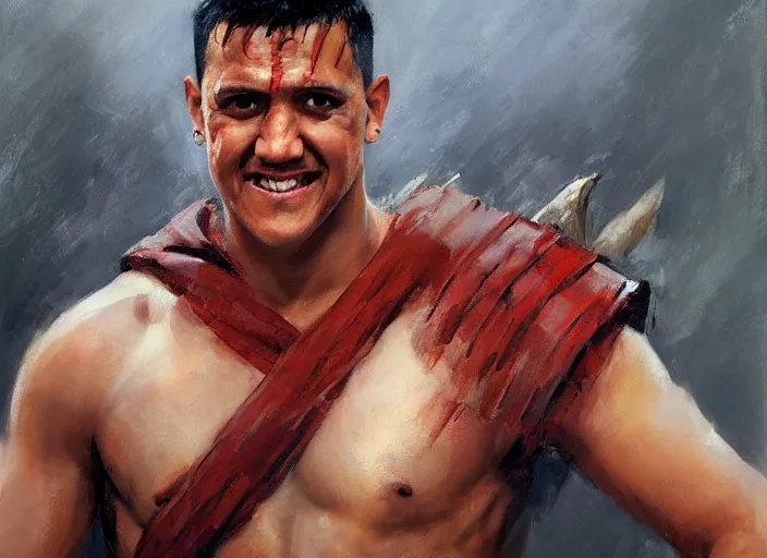 Image similar to a highly detailed beautiful portrait of alexis sanchez as kratos, by gregory manchess, james gurney, james jean