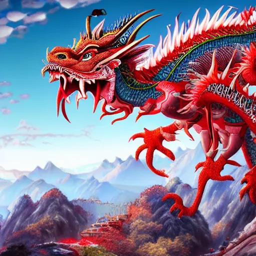 Image similar to a chinese dragon, majestic, mountains background, ultrafine hyperrealistic detailed illustration by kim jung gi, irakli nadar, intricate linework, sharp focus, bright colors, matte, gujian, final fantasy, unreal engine highly rendered, global illumination, radiant light, intricate environment