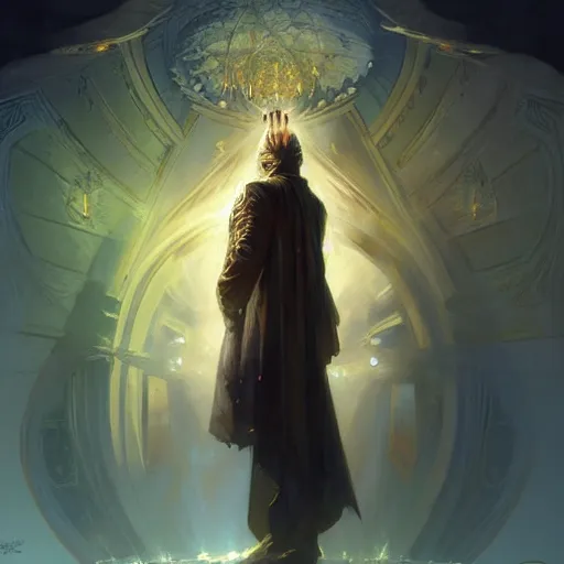 Image similar to god emperor donald trump in the style of craig mullins, greg rutkowski, peter mohrbacher, and drew struzan. epic, majestic, awe inspiring, god rays, fissures, divine, church painting, intricate armor, extreme detail, high octane,