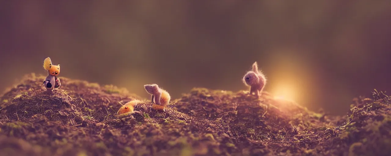 Image similar to tiny cute forest creatures seeking shelter by bobby chiu, at sunset, macro photography, goro fujita, cute, adorable, cinematic